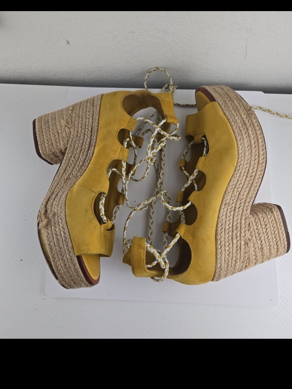 Tory Burch Mustard Yellow Espadrille Lace-Up Wedge Sandals - Picture 9 of 12